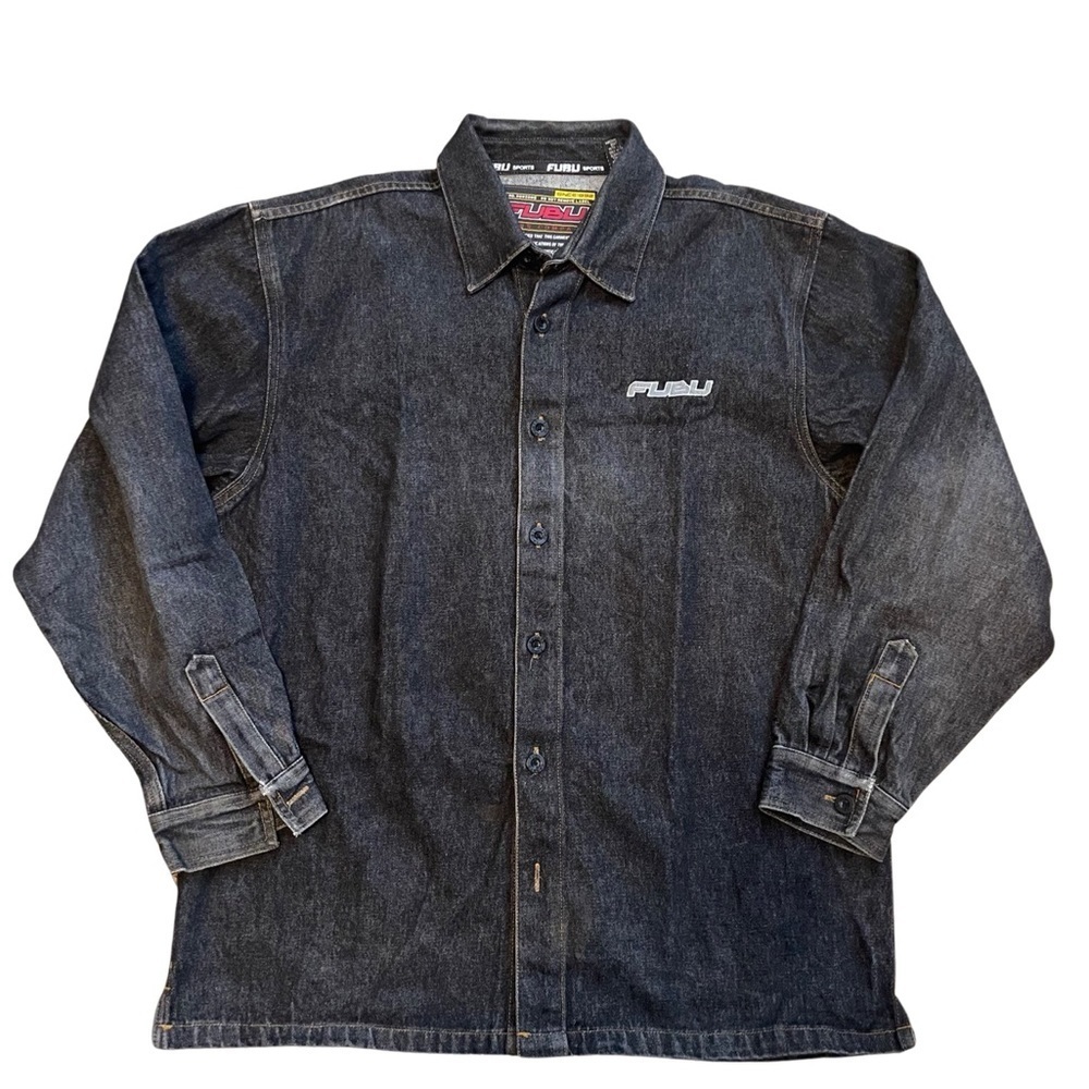 FUBU Vintage Black Denim/ Burnout Women (M) Button Up Shirt Jacket Size Jr’s 20/